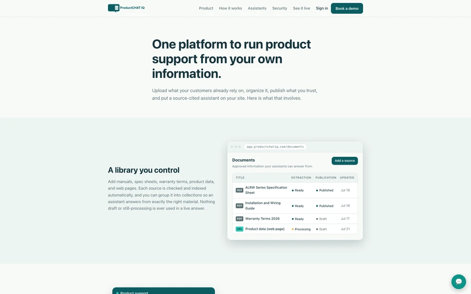 The current ProductChat IQ product page explaining how approved product knowledge becomes sourced customer answers.