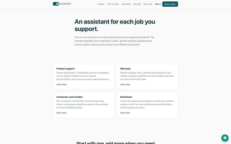 The current ProductChat IQ assistants page explaining controlled assistants for different products and customer questions.
