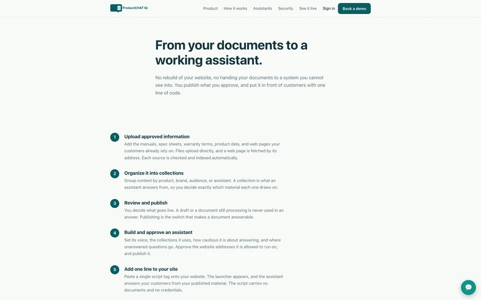 The current ProductChat IQ how-it-works page outlining the path from approved source material to a deployed support assistant.