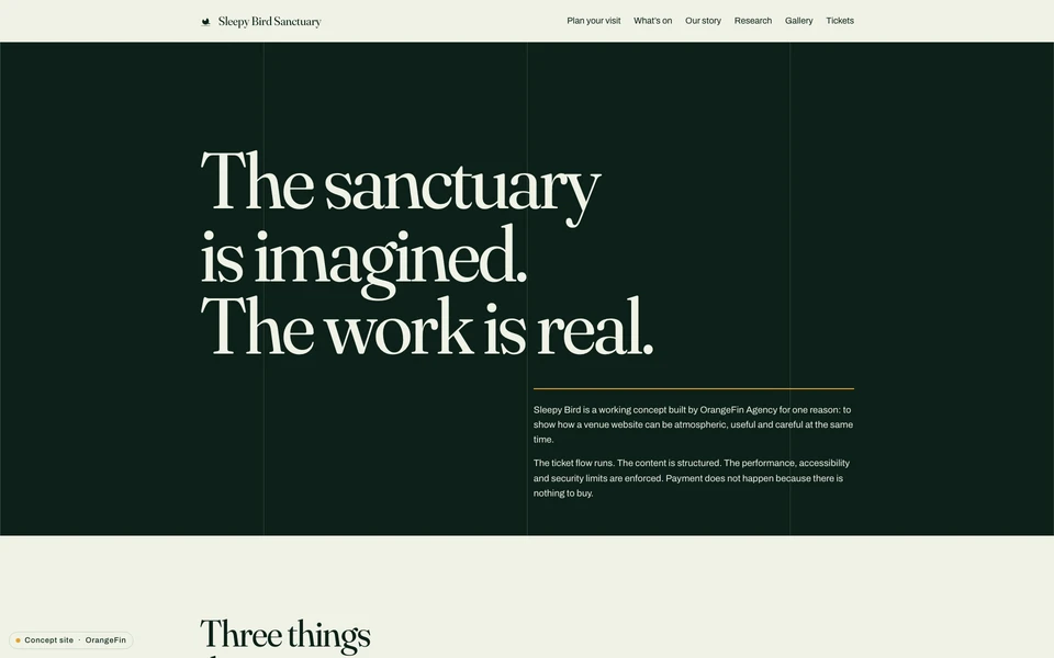 The current Sleepybird concept page introducing the imagined sanctuary with large editorial type and an atmospheric forest photograph.