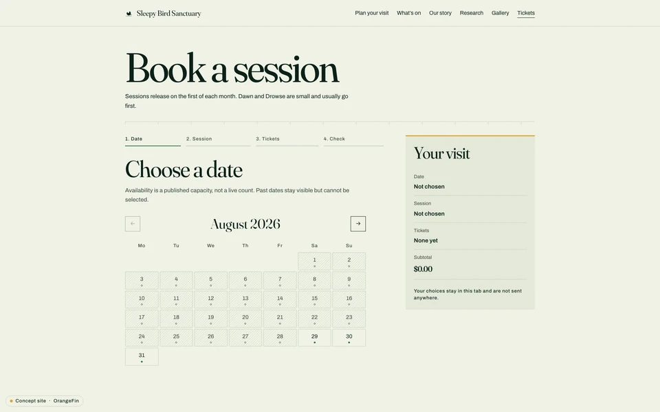 Step one of the Sleepybird booking flow, a three-month calendar with an availability mark under each date, under a numbered progress rail reading Date, Session, Tickets, Check.