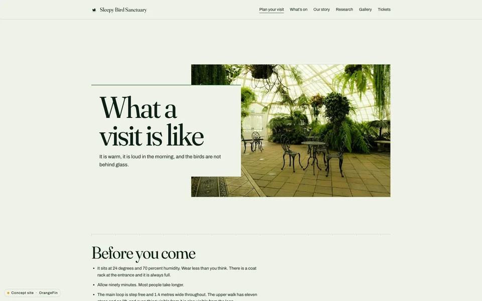 The current Sleepybird visit page with practical information presented in the same cinematic identity as the opening experience.