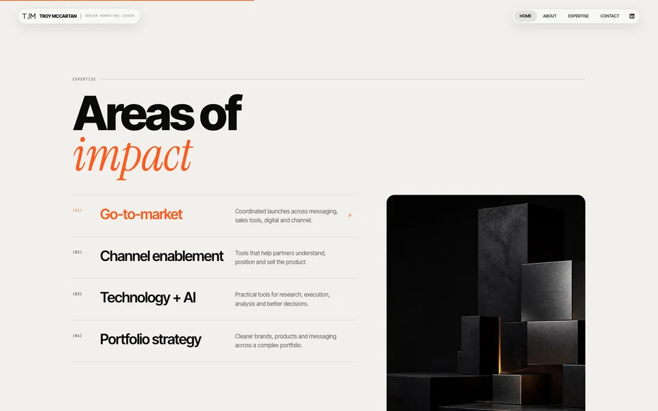 The current troymccartan.com areas of impact section with Technology and AI selected beside an amber technical-orb visual.